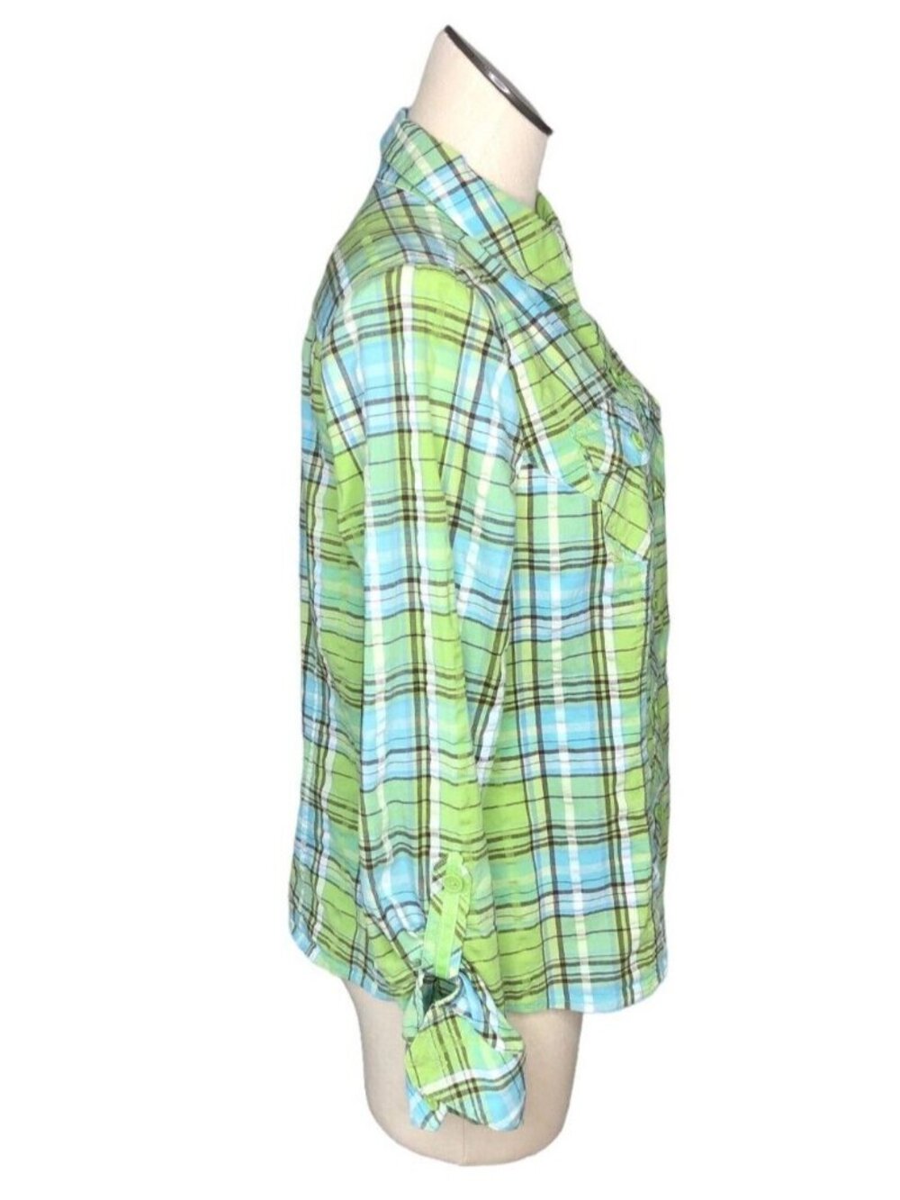 Christopher & Banks Button Down Shirt M Plaid Long Sleeves Green Blue Western - Picture 4 of 8